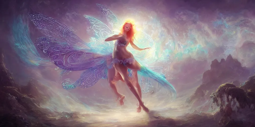 Prompt: concept art of translucent glowing curvy fairy dancing booty, renaissance, flowy, melting, round moons, rich clouds, very detailed, volumetric light, mist, fine art, textured oil over canvas, epic fantasy art, very colorful, ornate intricate scales, skulls, fractal gems, 8 k, hyper realistic, high contrast