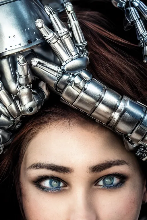 Prompt: a high resolution color portrait of a female cyborg, biomechanical, macro lens, highly realistic, 48MP photograph, finely detailed photo-quality eyes, 4k,