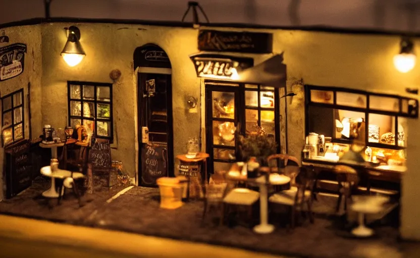Prompt: mini cafe diorama macro photography, ambient, atmospheric photograph