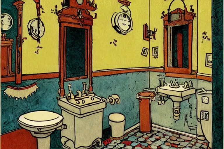 Prompt: victorian bathroom, style of studio ghibli + moebius + basquiat, cute,