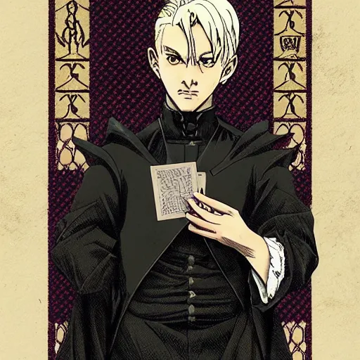 Prompt: precisely drawn illustration of anime draco malfoy, old-fashioned tarot card, victorian playing card, sepia tone, wide angle, sharp, fine details, anime, manga, cyberpunk, realistic shaded lighting by katsuhiro otomo ghost-in-the-shell, magali villeneuve, artgerm, rutkowski Jeremy Lipkin and Giuseppe Dangelico Pino and Michael Garmash and Rob Rey