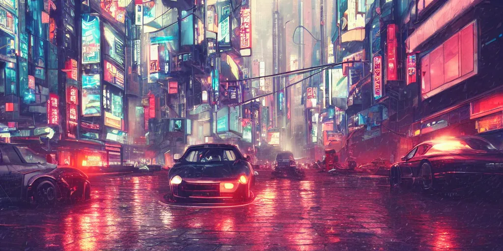 Prompt: Cyberpunk street with futuristic car in the foreground on a rainy day in Japan, evening, low angle view, detailed matte painting, cinematic, Moebius, Artstation