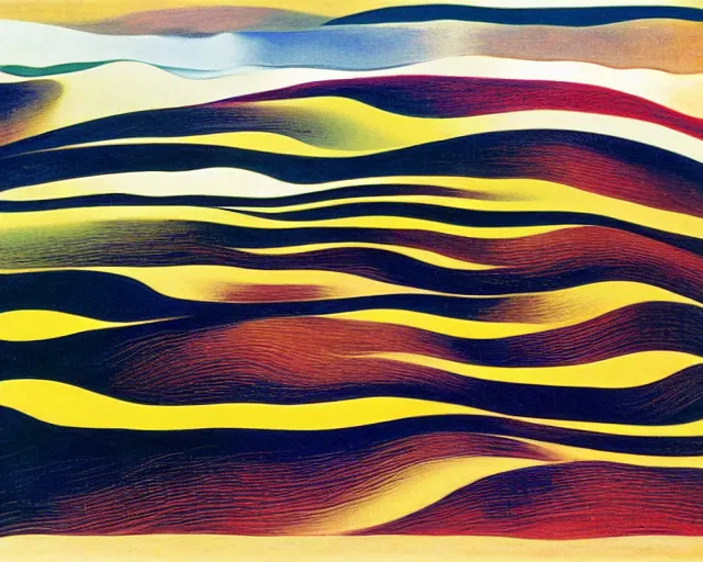 Prompt: An insane, modernist landscape painting. Wild energy patterns rippling in all directions. Curves, organic, zig-zags. Saturated color. Mountains. Clouds. Rushing water. Georgia O'Keeffe. Zao Wou-ki. Dali.