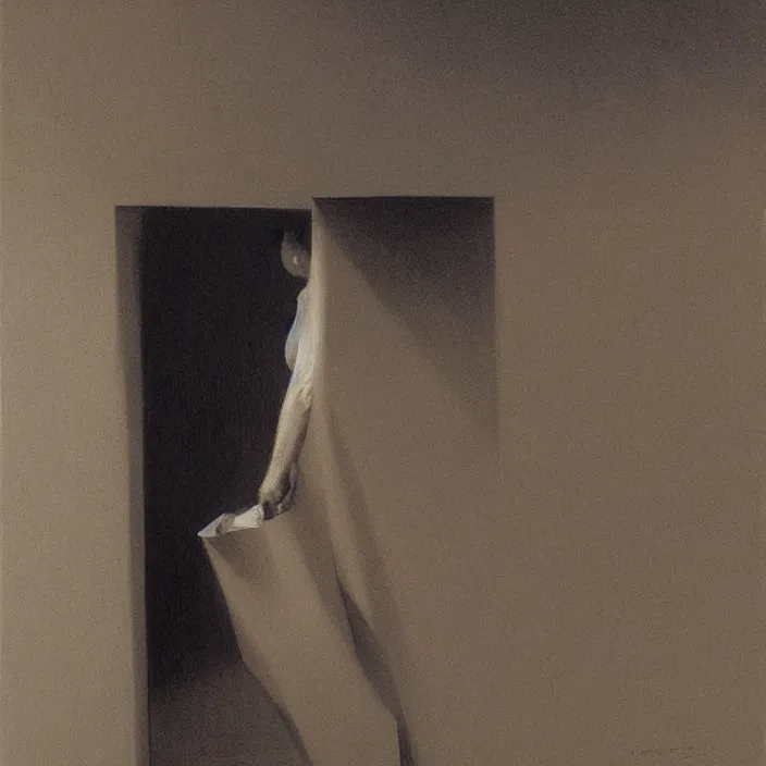 Image similar to woman pushing face through paper bag, artstation, art by, , edward hopper, Zdzislaw Beksinski, highly detailed