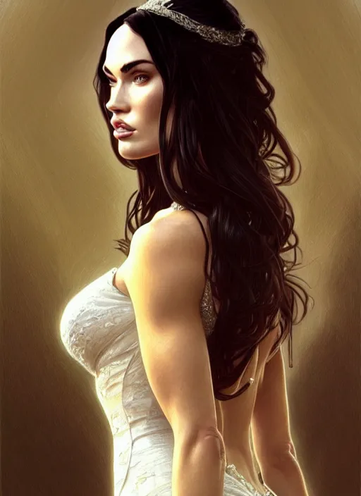 Image similar to portrait of megan fox as a bride, marriage, vail, wedding dress, white, gull, intricate, headshot, highly detailed, digital painting, artstation, concept art, sharp focus, cinematic lighting, illustration, art by artgerm and greg rutkowski, alphonse mucha, cgsociety