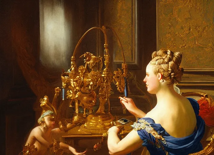 Prompt: a beautiful painting of an artificial intelligence painting another artificial intelligence, highly detailed, dramatic lighting, rococo, neoclassicism