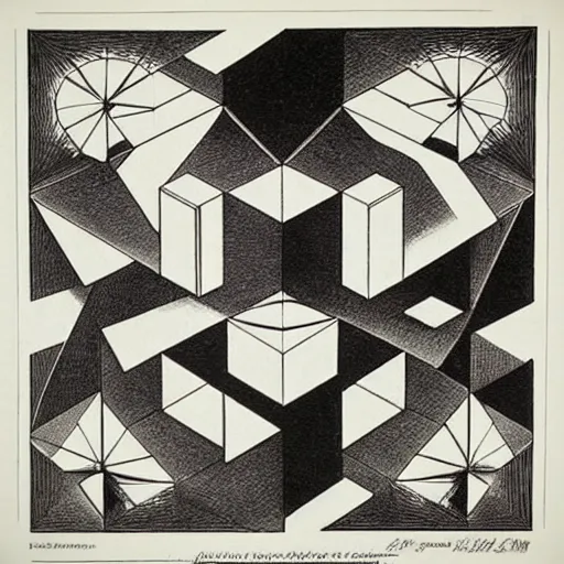 Image similar to “Impossible platonic solids, optical illusion art by M.C. Escher, lithograph, 1959”