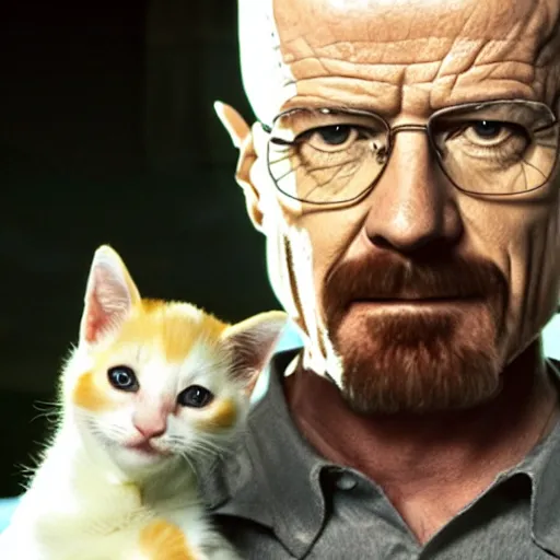 Image similar to a still from breaking bad, of walter white holding a kitten, while smiling, hd 4 k photo