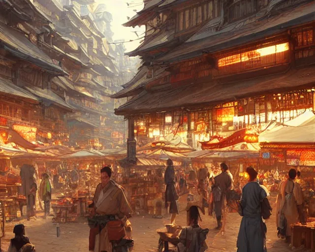 Image similar to bustling marketplace in a great kitsune city, a fantasy digital painting by Greg Rutkowski and James Gurney, trending on Artstation, golden hour, highly detailed