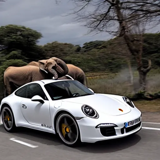 Prompt: elephant steping on a porsche 911