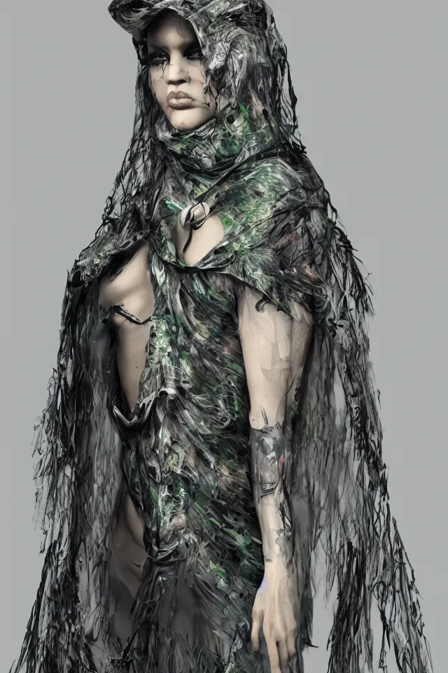 Prompt: realistic render, digital fashion, beautiful witch-woman in tactical camouflage poncho designed by alexander mcqueen and acronym, rim light, high key, ultra detailed, concept art, hyperdetailed