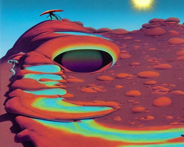 Prompt: roger dean 1 9 8 0 s art of a lone wanderer walking in the dry desert of a strange bizarre alien planet surface lakes reflective clear blue water, rainbow in sky, imagery, illustration art, album art