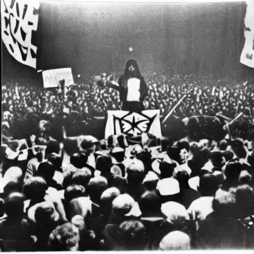 Prompt: photograph of Jesus holding a speech at a communist rally, black and white, on stage, banners with hammer and sickle in background,