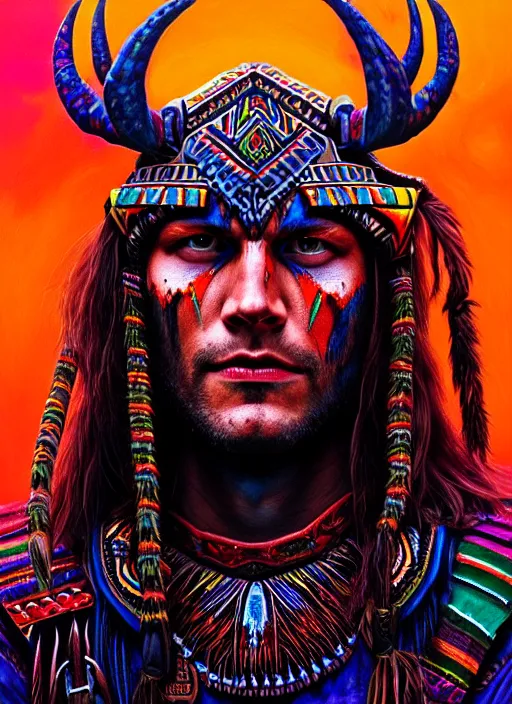 Prompt: portrait of jared padalecki, hyper detailed ultra sharp aztec shaman warrior. trending on artstation, warpaint aesthetic, bloodwave, colorful, psychedelic, ornate, intricate, digital painting, concept art, smooth, sharp focus, illustration, art by artgerm and greg rutkowski and h. r. giger, 8 k