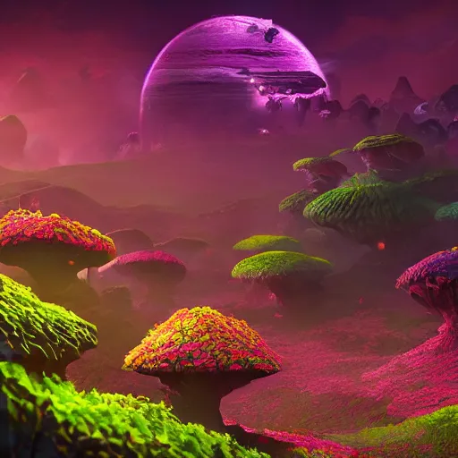 Image similar to an epic flowering alien landscape in the style of origami, 8 k, cinematic light, artstation