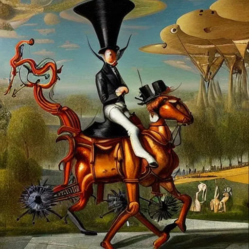 Image similar to an a gentleman in a top hat riding an extremely long and spindly mechanical horse in a futuristic!!! victorian city, oil painting, style of salvador dali and richard dadd!!!!, rococo lots of plants and flowers