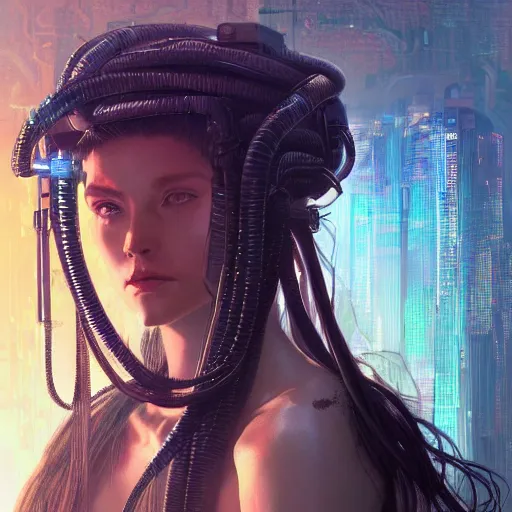 Image similar to portrait of Medusa with vr headset, cyberpunk, thick cables on the head, futuristic hi-tech details, ominous, intricate, art by anthony macbain + greg rutkowski + alphonse mucha, concept art, 4k, sharp focus, cinematic unreal engine