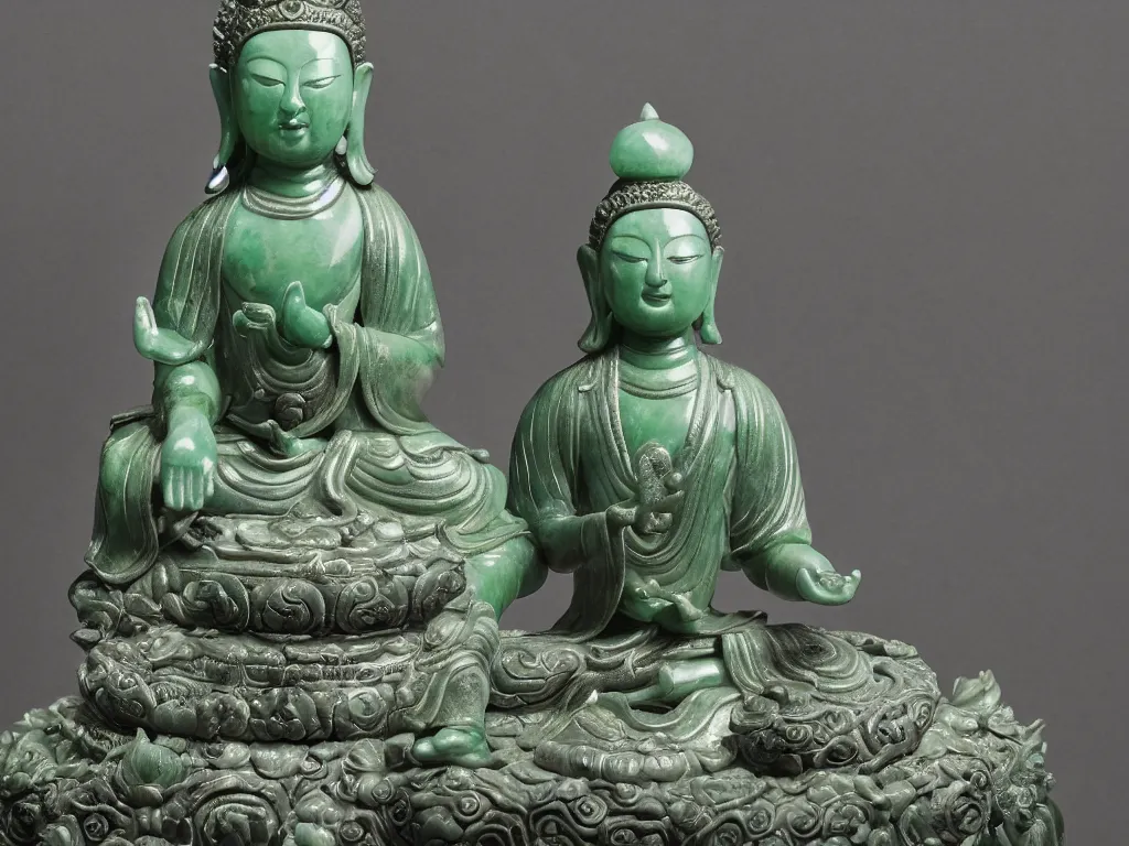 Image similar to beautiful detailed jade sculpture of meditating buda with with metal lotus flower on his head, in a gallery setting, influenced by ruan jia and greg rutkowsk. professional studio photo, full object in middle, well centered, 3 5 mm, high definition