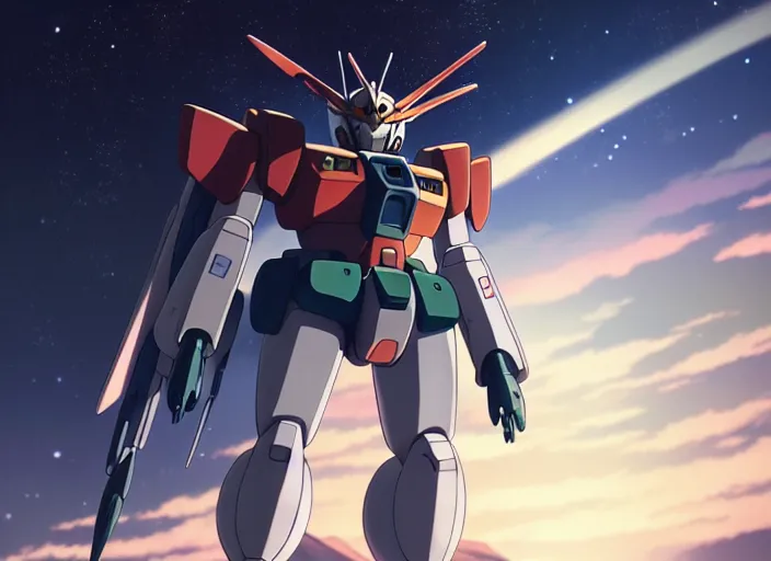 Prompt: a film still portrait of a planterary sized gundam, bokeh, finely detailed features, perfect art, over looking saturn,, trending on pixiv fanbox, painted by yusuke murata greg rutkowski makoto shinkai takashi takeuchi studio ghibli, akihiko yoshida