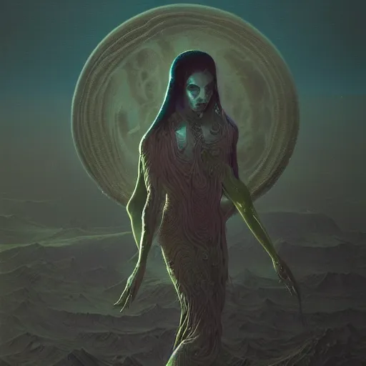 Image similar to psychedelic concept art illustration of a freaky goddess with a dark moon in the far distance, trending on artstation, by zdzisław beksiński, 3d render, octane render, intricately detailed artwork, full 8k high quality resolution, recently just found unknown masterpiece