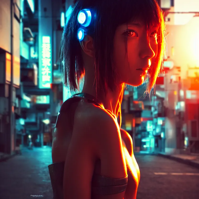 Prompt: a photo close up cyberpunk cyborg girl stands in a cyberpunk hiroshima, prefecture streets, sunset, photorealistic, cinematic lighting, very detailed, style by tomino - sama