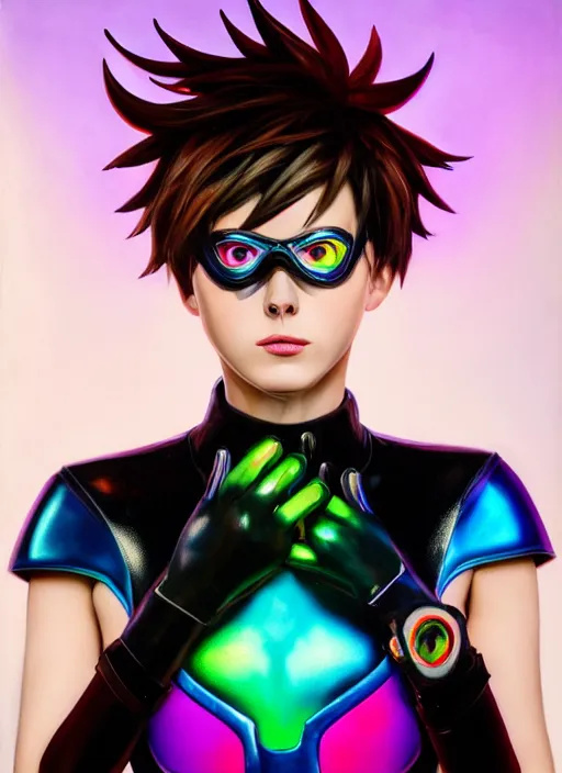 Image similar to realistic oil painting portrait of tracer overwatch, confident pose, wearing black iridescent rainbow latex, rainbow, neon, 4 k, expressive surprised expression, makeup, wearing detailed black leather collar, wearing sleek armor, studio lighting, black leather harness, expressive detailed face and eyes,