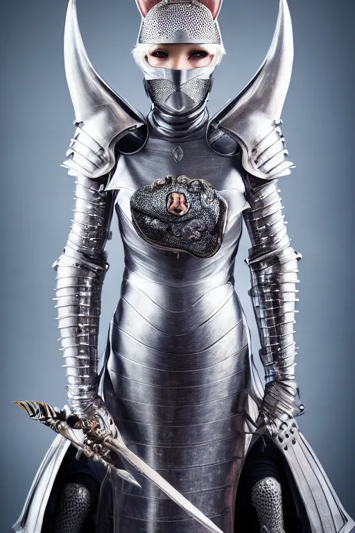 Image similar to female knight wearing a real cat on her head, armor designed by wayne barlowe, swarovski and tiffany, blonde hair, symmetry, sci - fi, cinematic, elegant, luxury, perfect light, perfect composition, dlsr photography, sharp focus, dark fantasy, 8 k, ultra hd, sense of awe, highly detailed, realistic, intricate