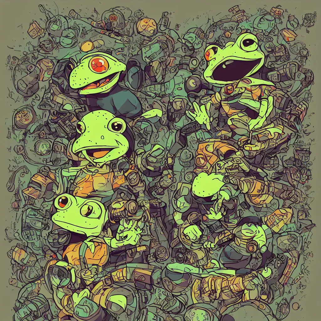 Prompt: toad head, ryuta ueda artwork, breakcore, style of jet set radio, y 2 k, gloom, space, cel - shaded art style, frogs, amphibians, sacred geometry, data, minimal, code, cybernetic, dark, eerie, cyber