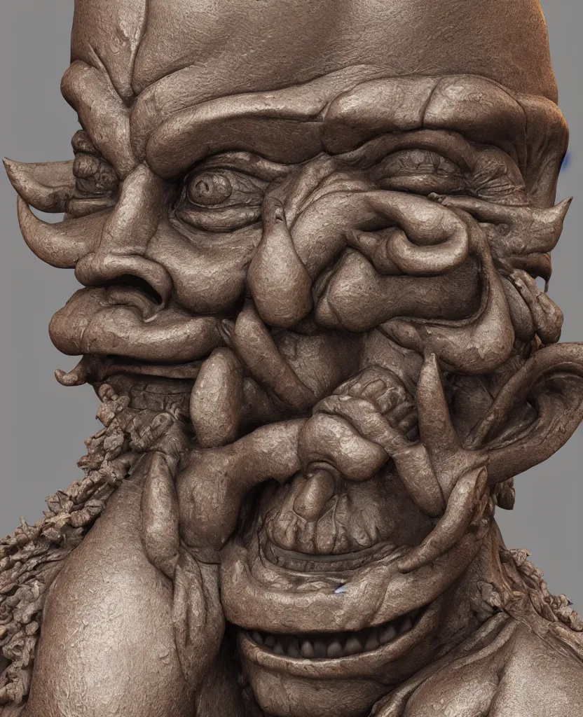 Image similar to ancient japanese, oni iron statue, bust portrait body, kamakura period, hyper realistic, texture details, high fidelity, like arsen asyrankulov, octane render,