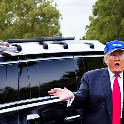 Image similar to Donald Trump driving a hearse with Ted Cruz getting arrested and put in the back