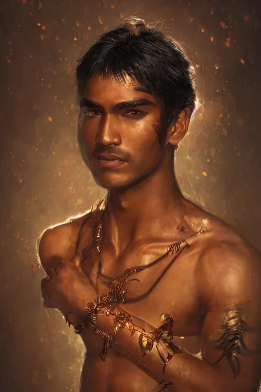 Image similar to stunningly beautiful, male nepali dancer in jungle, symmetrical face, golden hour, smooth, focus, highly detailed, hyper realistic, dramatic lighting, elegant, intricate, concept art, art by wlop, mars ravelo, greg rutowski, artstation