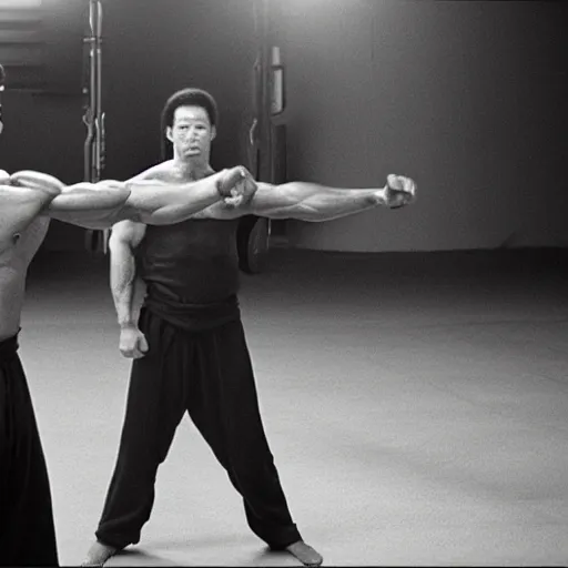 Image similar to schwarzenegger training kung fu, cinematic lighting