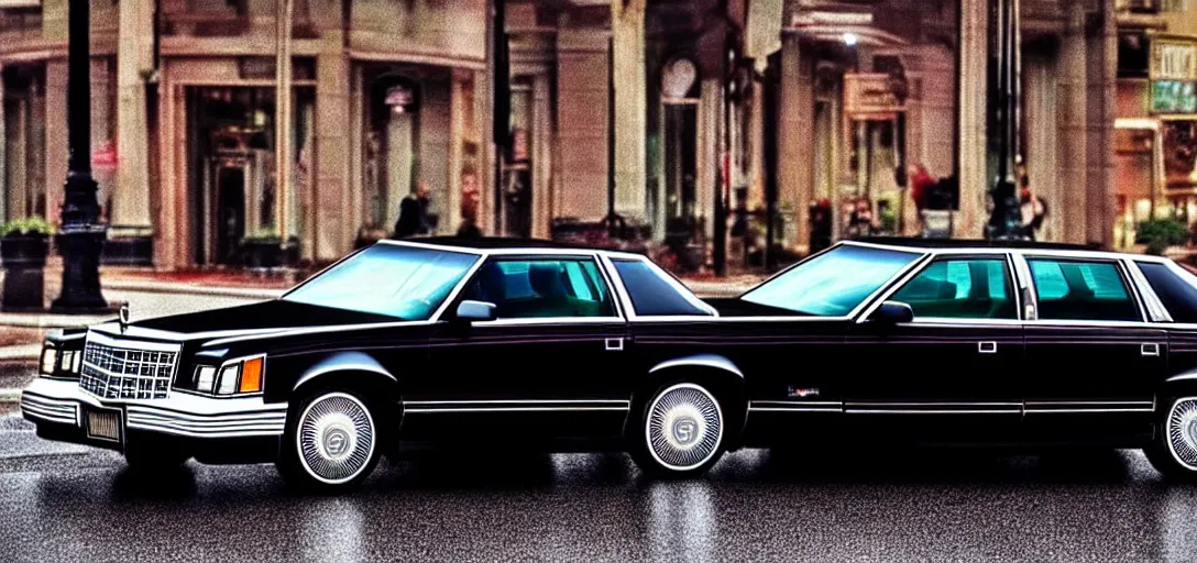 Image similar to hyper realistic, high detail real life photo of black 1 9 9 2 cadillac de ville, city streets wet, beautiful, dreary lighting