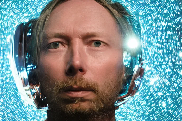 Prompt: thom yorke singer songwriter in a reflective space helmet, helmet filling up with water, video art, anamorphic lens flare, datamosh, beautiful blue eyes, eyes reflecting into eyes reflecting into infinity, eyes reflecting into eyes reflecting into infinity