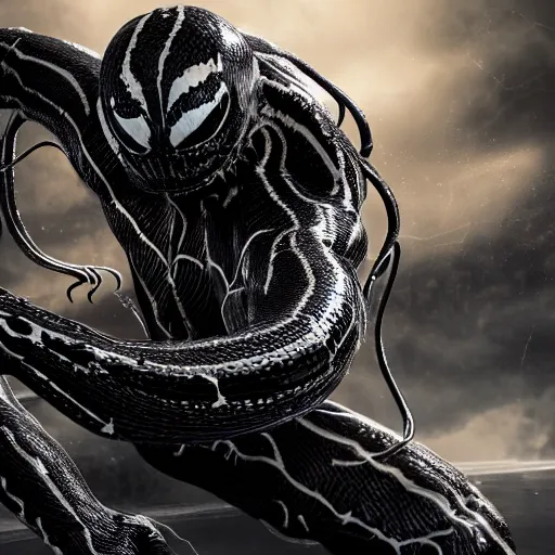 Image similar to full body pose, hyperrealistic photograph of venom, dim volumetric lighting, 8 k, octane beautifully detailed render, extremely hyper detailed, intricate, epic composition, cinematic lighting, masterpiece, trending on artstation, very very detailed, stunning, hdr, smooth, sharp focus, high resolution, award, winning photo, dslr, 5 0 mm