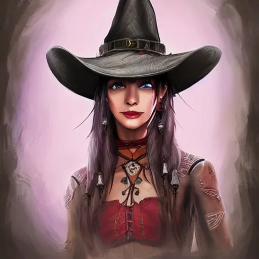 Image similar to beautiful cowboy witch, detailed, concept art