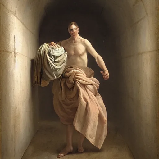 Prompt: Man walking thruogh underground tunnel holding laundry basket painted by Roberto Ferri