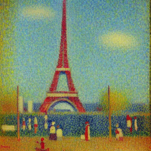 Prompt: eiffel tower building in paris, happy athmosphere, joy, impressionism, by georges seurat,