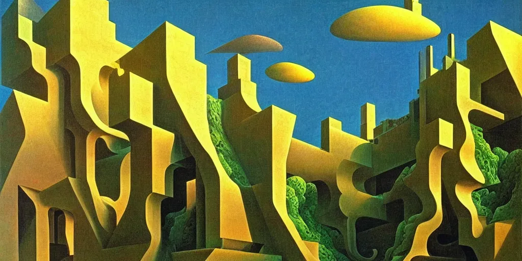 Prompt: huge gargantuan angular building by escher and ricardo bofill. utopian landscape by roger dean. magical realism, surrealism, waterfalls, clouds, trending on artstation, shot from below,