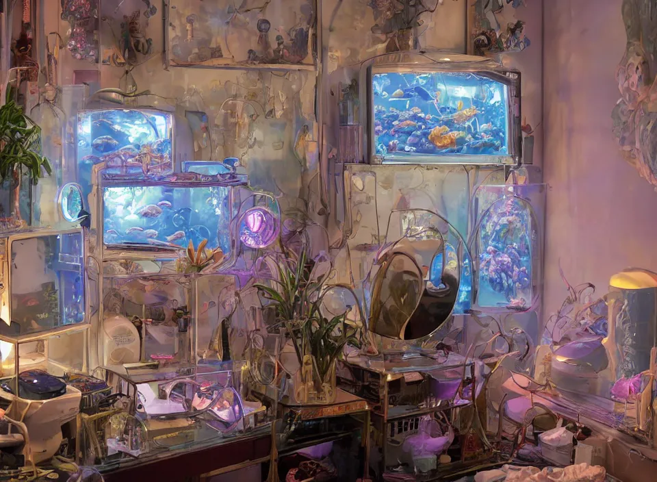 Image similar to telephoto 7 0 mm f / 2. 8 iso 2 0 0 photograph depicting the feeling of chrysalism in a cosy cluttered french sci - fi ( art nouveau ) cyberpunk apartment in a pastel dreamstate art cinema style. ( aquarium, computer screens, window ( city ), leds, lamp, ( ( ( aquarium bed ) ) ) ), ambient light.