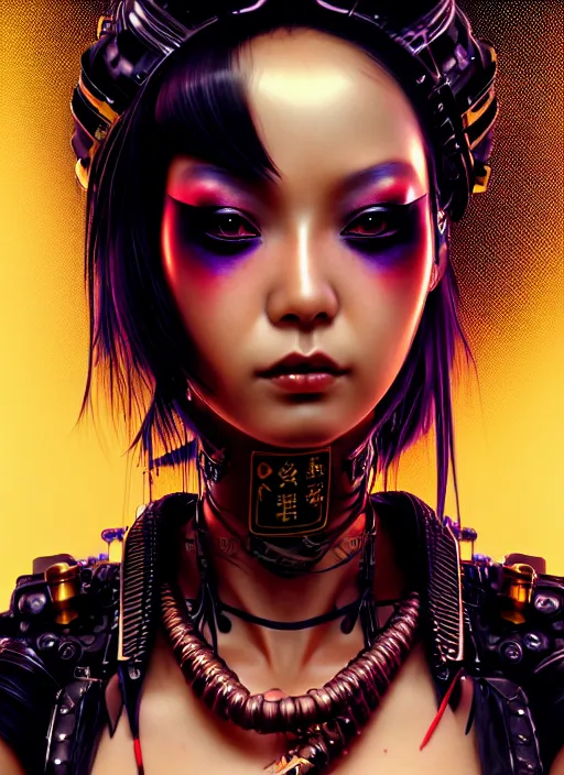 Image similar to soft lustrous ebony geisha seductive raver gutter punk steampunk cyborg, yakuza, golden ratio, details, scifi, fantasy, cyberpunk city, intricate, decadent, highly detailed, octane render, digital painting, artstation, concept art, sharp focus, illustration, art by artgerm, loish, wlop
