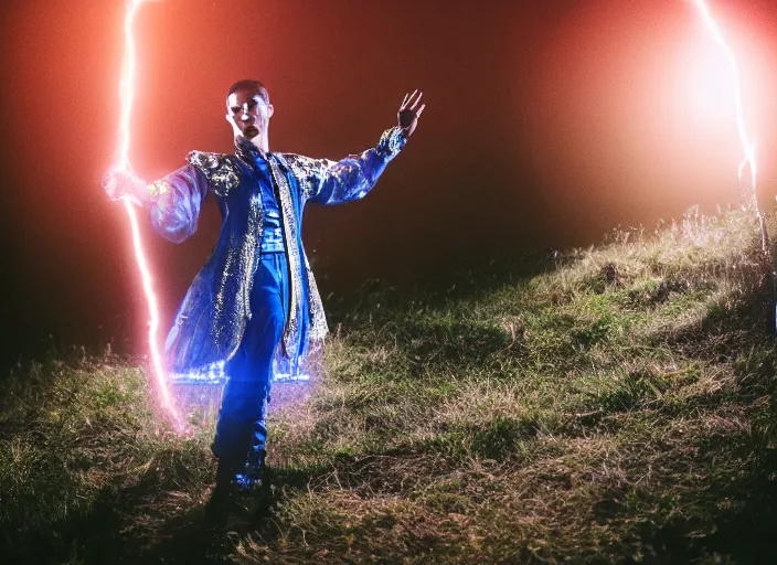 Image similar to closeup of a very very good looking detailed fantasy sorcerer wearing amazing clothes holding out their hand to summon magical energy dramatically on an empty moonlit hill, dramatic lighting, lens flare, 3 5 mm f 1. 4, professional photography, kodak ektar