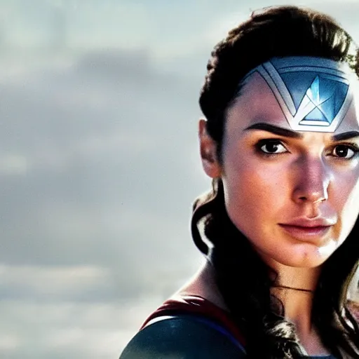 Image similar to an potrait of gal gadot play Man of Steel replacing Henry Cavill, photorealistic, high detail, view from middle, testing custom, 4k