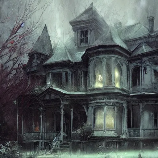 Image similar to exterior of haunted victorian house, horror by greg rutkowski