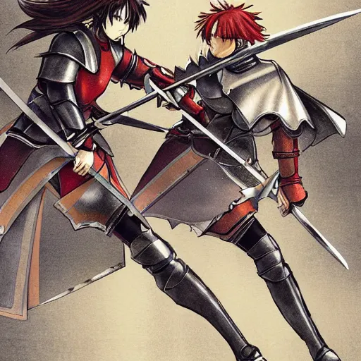 Prompt: two female knights clashing swords, detailed anime art