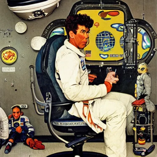 Image similar to kramer from seinfeld as an astronaut, artistic oil painting norman rockwell