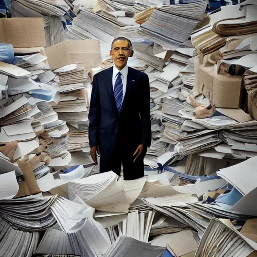 Image similar to obama nervously standing by a mountain of papers, ( eos 5 ds r, iso 1 0 0, f / 8, 1 / 1 2 5, 8 4 mm, postprocessed, crisp face, facial features )