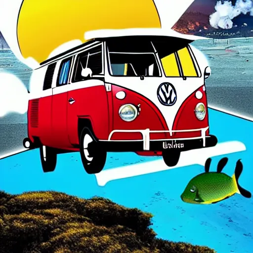 Image similar to a caricature drawing of a vw volkswagen bus, camper, bulli, type - 2, microbus, kombi, flying towards the camera, jumping at the viewer, dynamic action shot, fish - eye lense, frontal, a vulcano is erupting in the background