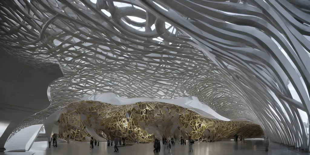 Image similar to knitting gold arch by zaha hadid architecture by giger alien