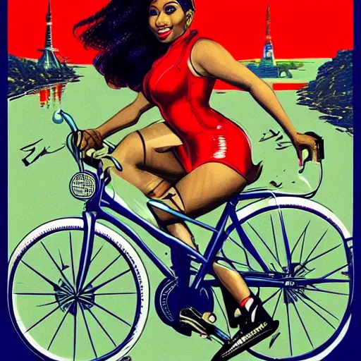 Prompt: portrait of nicki minaj riding a bicycle in summer, soviet propaganda poster, colored, artgerm, highly detailed